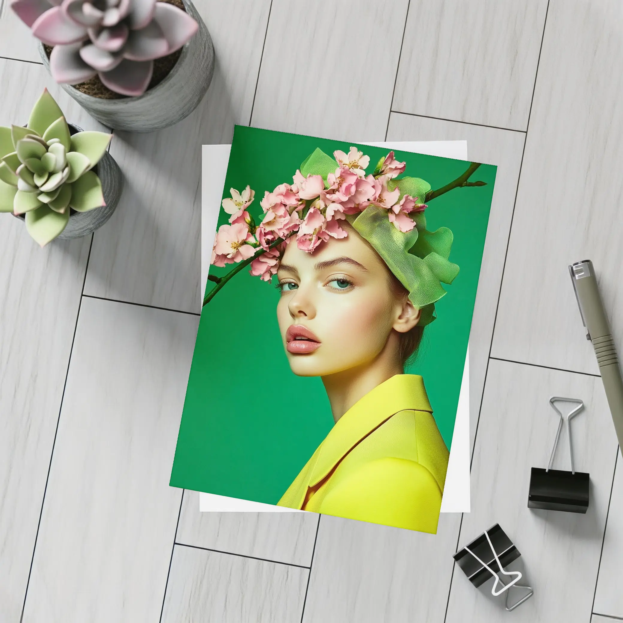 Woman Pink Blossom Crown Yellow Jacket Green – Postcards