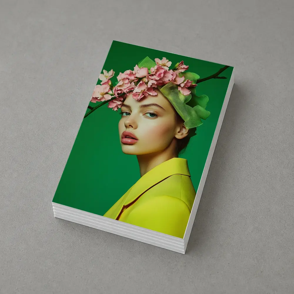 Woman Pink Blossom Crown Yellow Jacket Green – Postcards