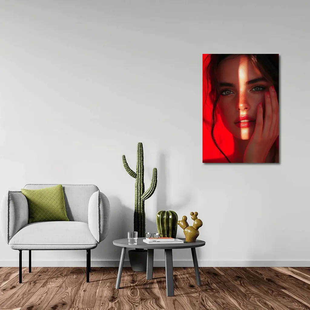 Woman Portrait Red Light Dramatic Shadow – Wall Art