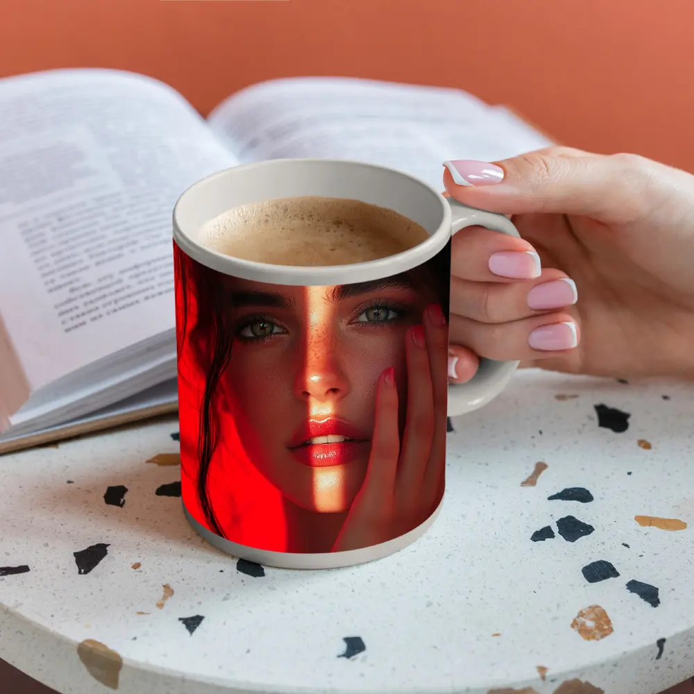 Woman Portrait Red Light Dramatic Shadow – Mugs