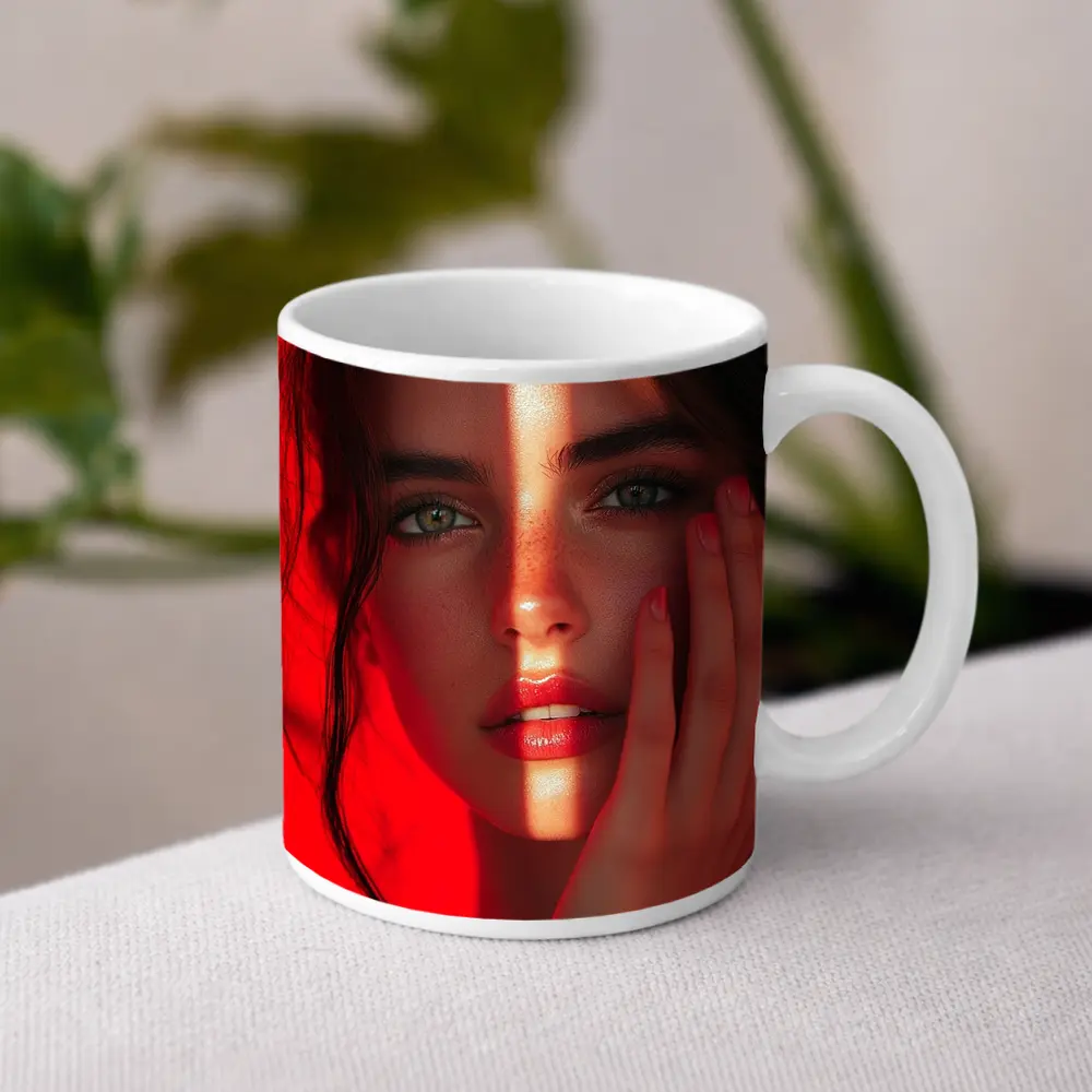 Woman Portrait Red Light Dramatic Shadow – Mugs