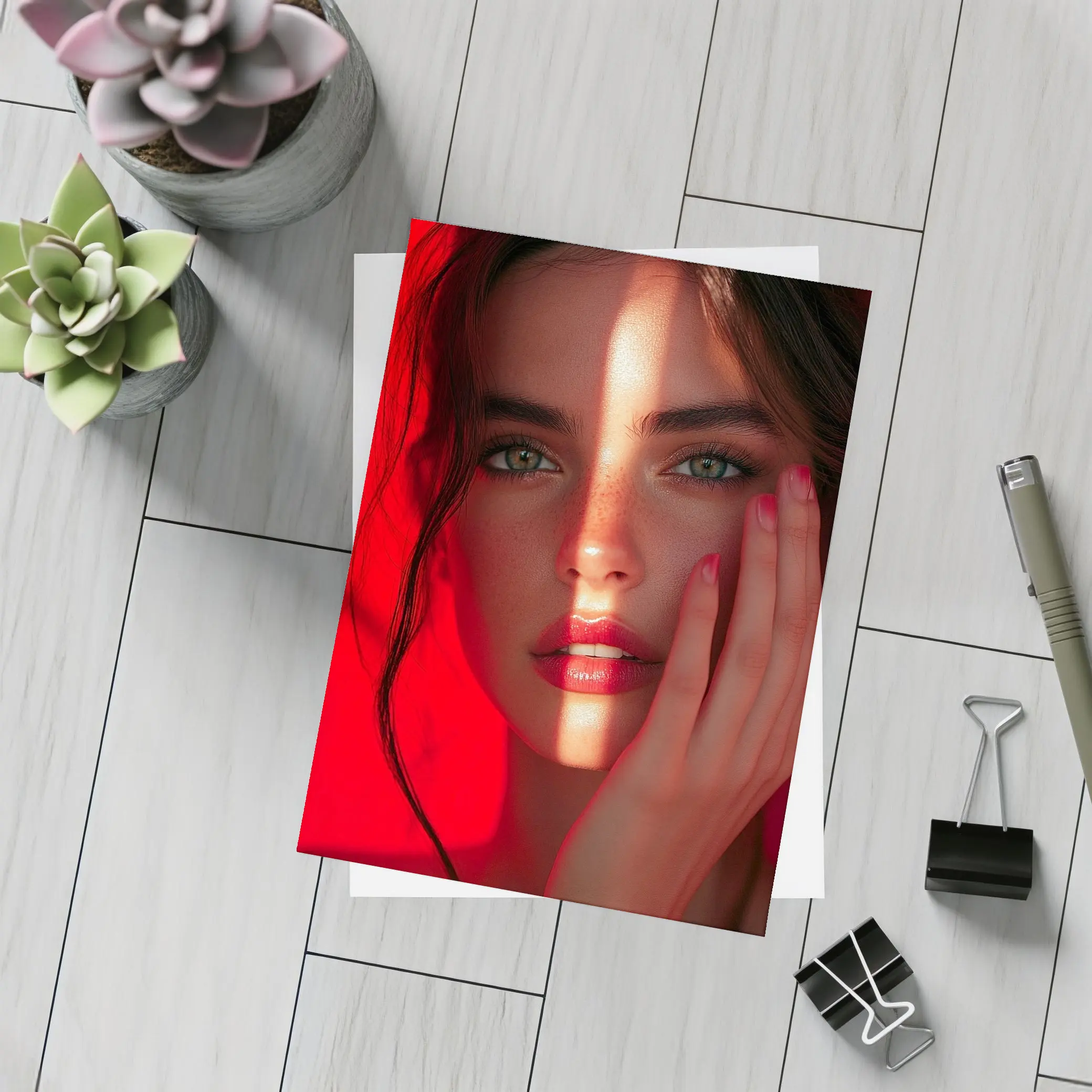 Woman Portrait Red Light Dramatic Shadow – Postcards