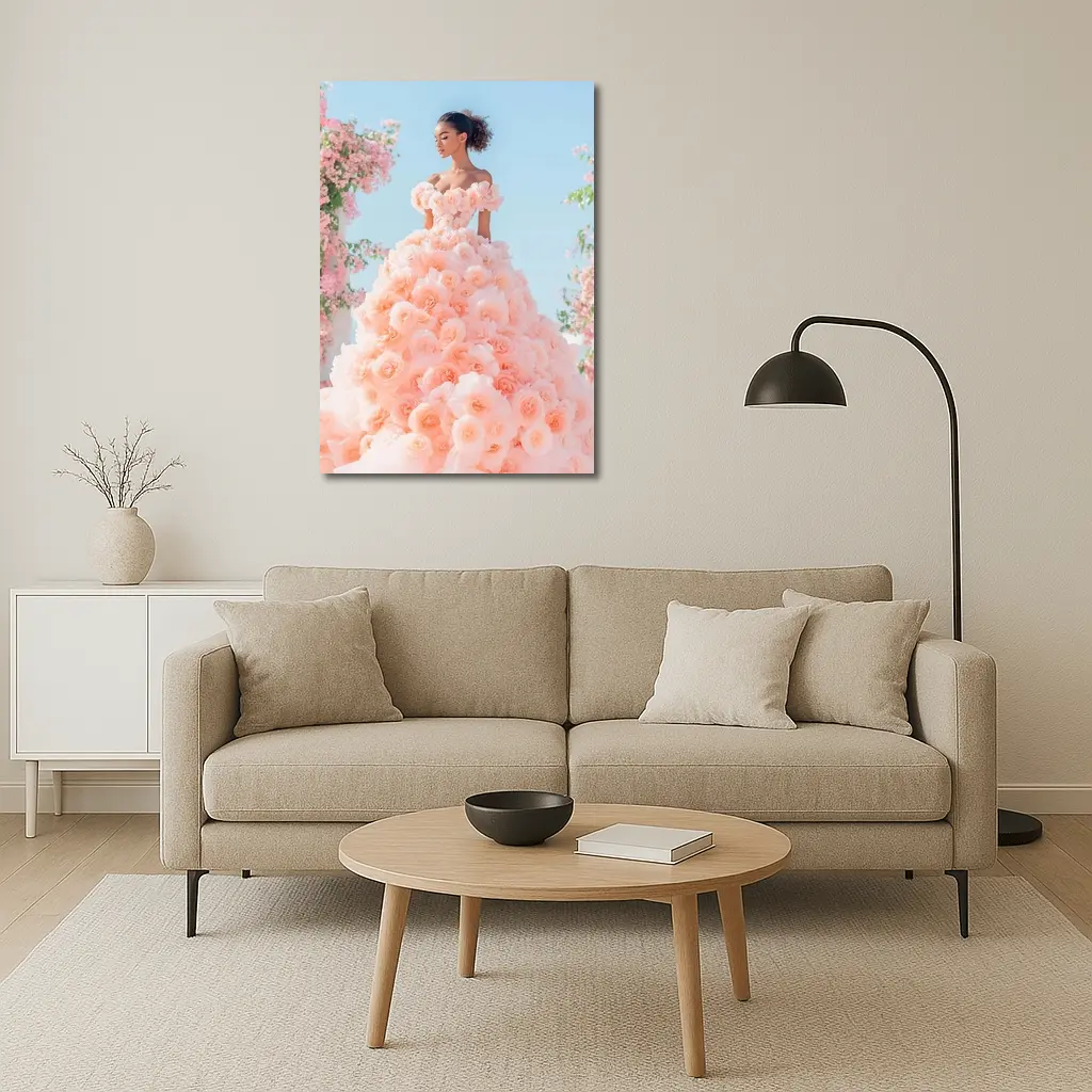Woman Rose Gown Pink Floral Sky – Wall Art