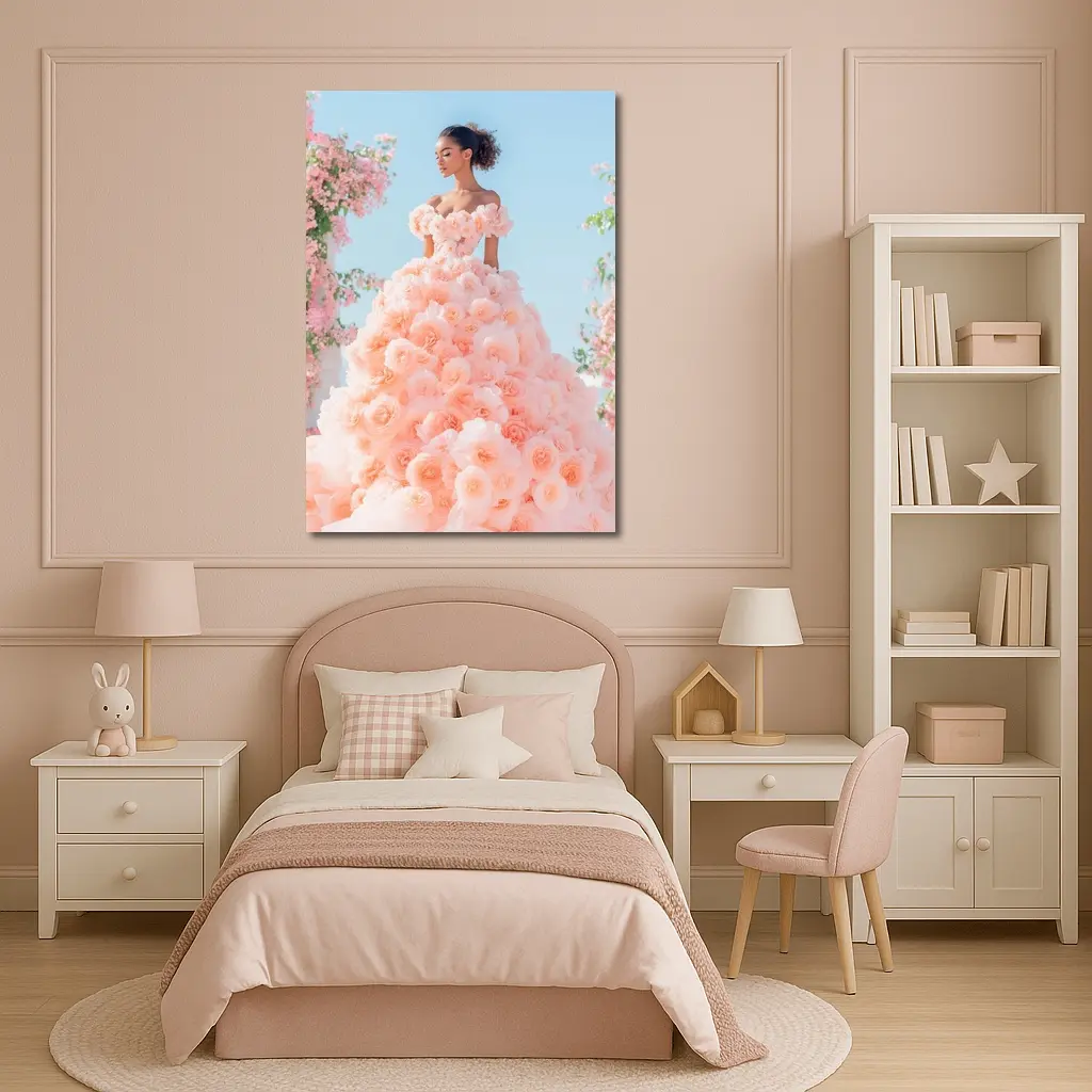 Woman Rose Gown Pink Floral Sky – Wall Art