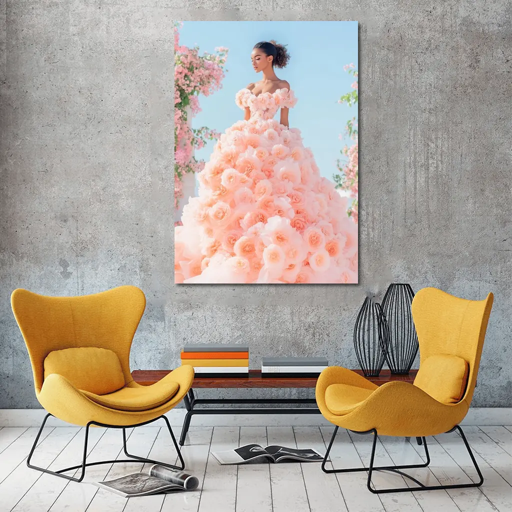 Woman Rose Gown Pink Floral Sky – Wall Art