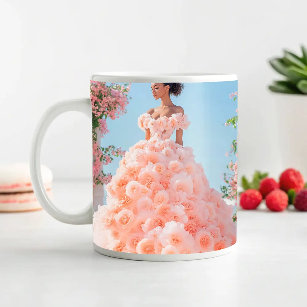 Woman Rose Gown Pink Floral Sky – Mugs