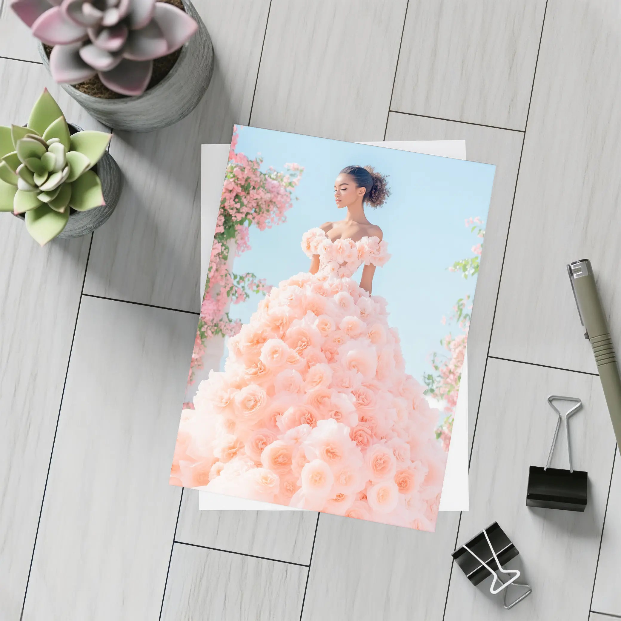 Woman Rose Gown Pink Floral Sky – Postcards