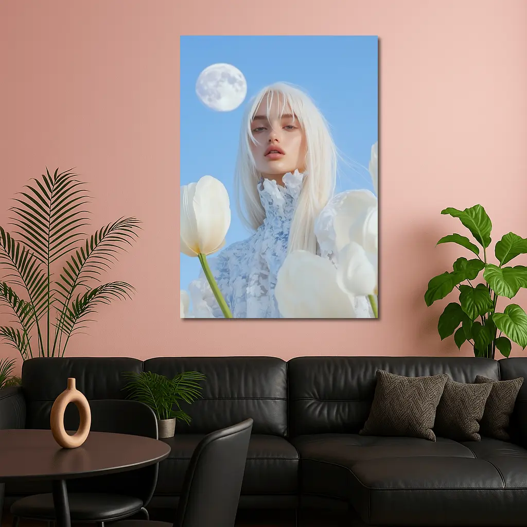 White Tulips Woman Moon Blue Sky – Wall Art