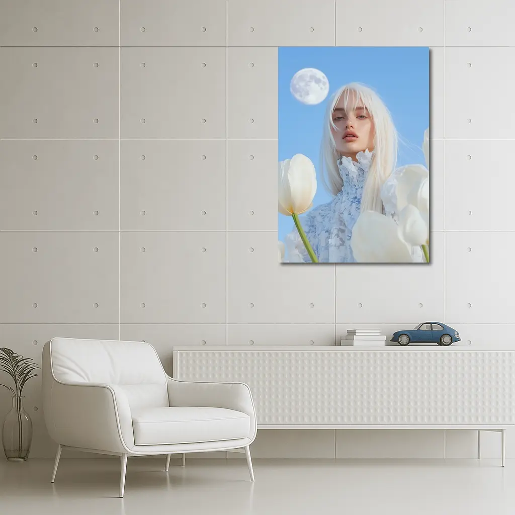 White Tulips Woman Moon Blue Sky – Wall Art