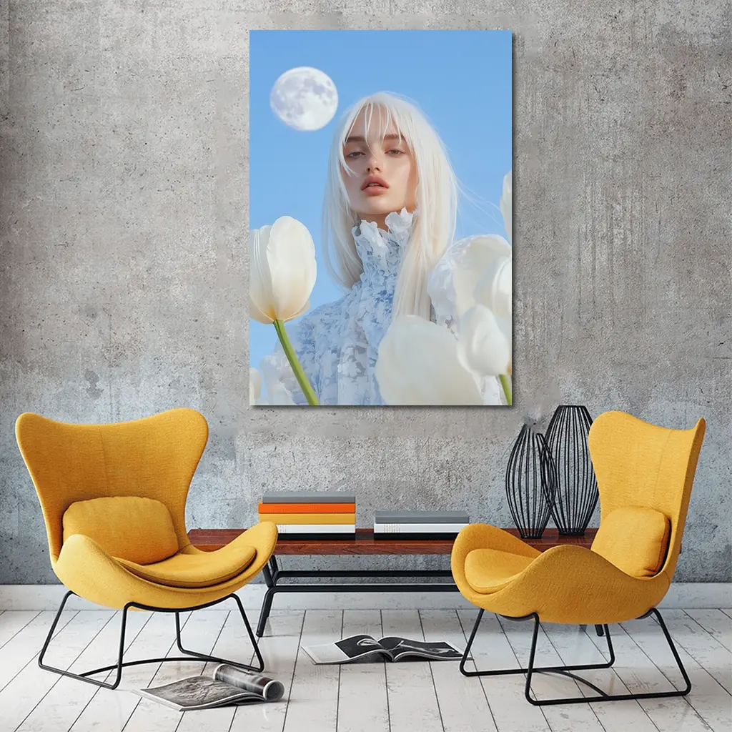 White Tulips Woman Moon Blue Sky – Wall Art