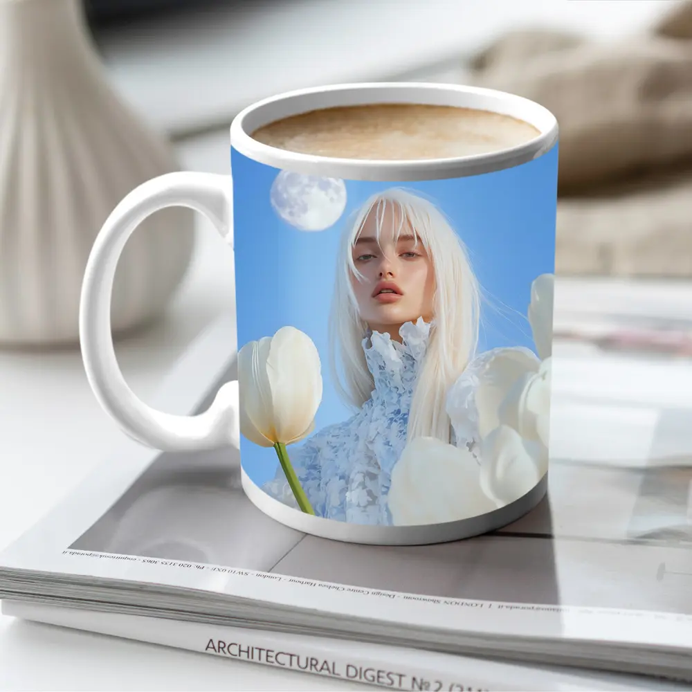 White Tulips Woman Moon Blue Sky – Mugs