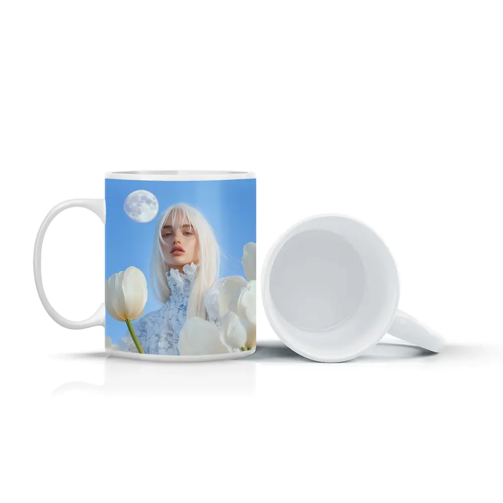 White Tulips Woman Moon Blue Sky – Mugs