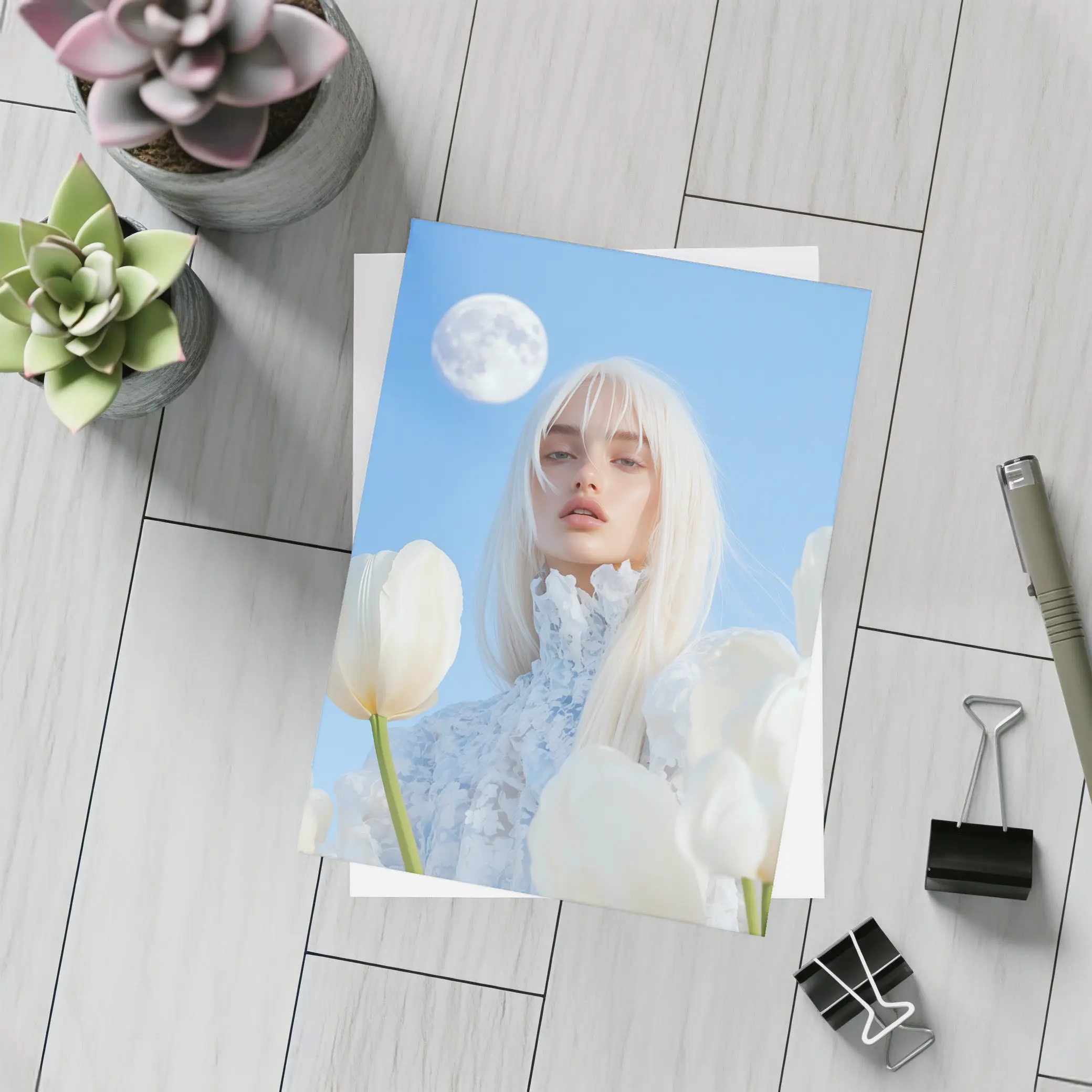 White Tulips Woman Moon Blue Sky – Postcards