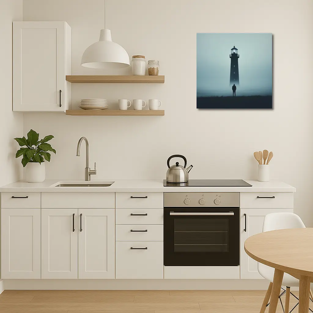 Lone Figure Standing Before Foggy Lighthouse – Wall Art