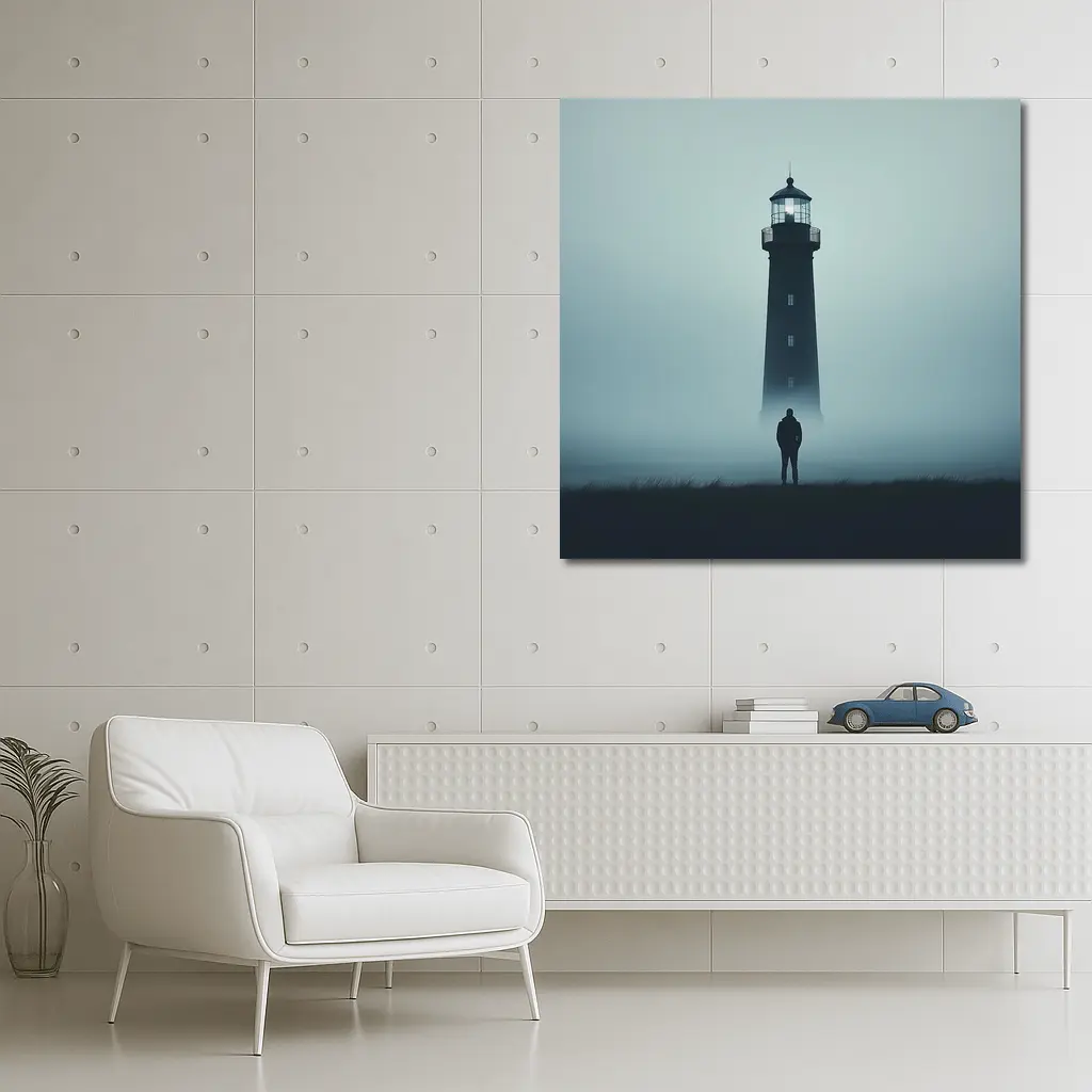 Lone Figure Standing Before Foggy Lighthouse – Wall Art
