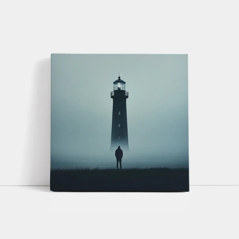 Lone Figure Standing Before Foggy Lighthouse – Wall Art