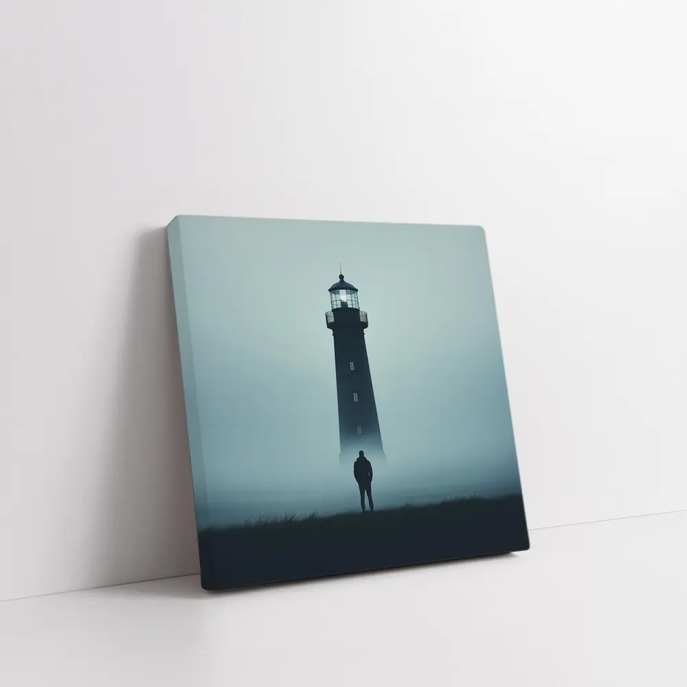 Lone Figure Standing Before Foggy Lighthouse – Wall Art