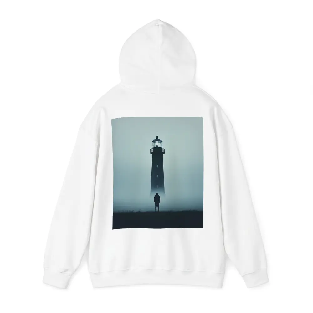 Lone Figure Standing Before Foggy Lighthouse – Hoodies