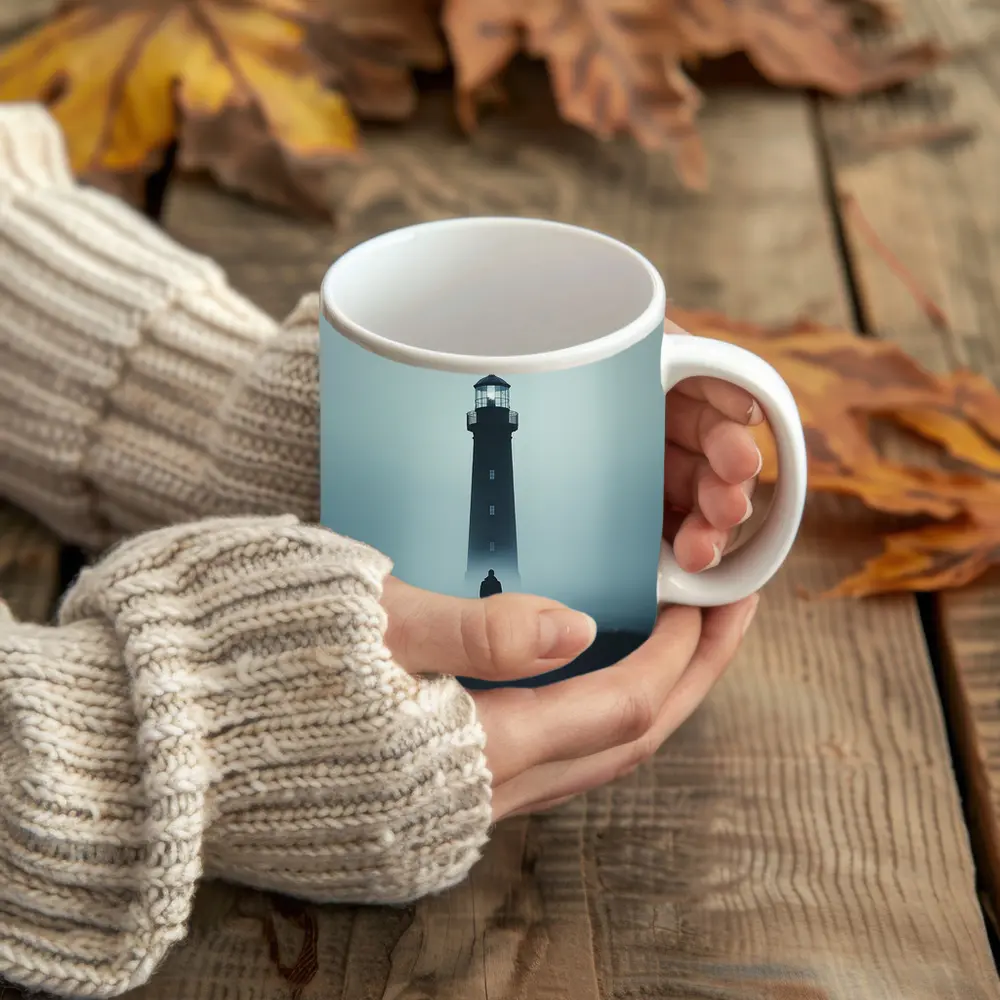 Lone Figure Standing Before Foggy Lighthouse – Mugs