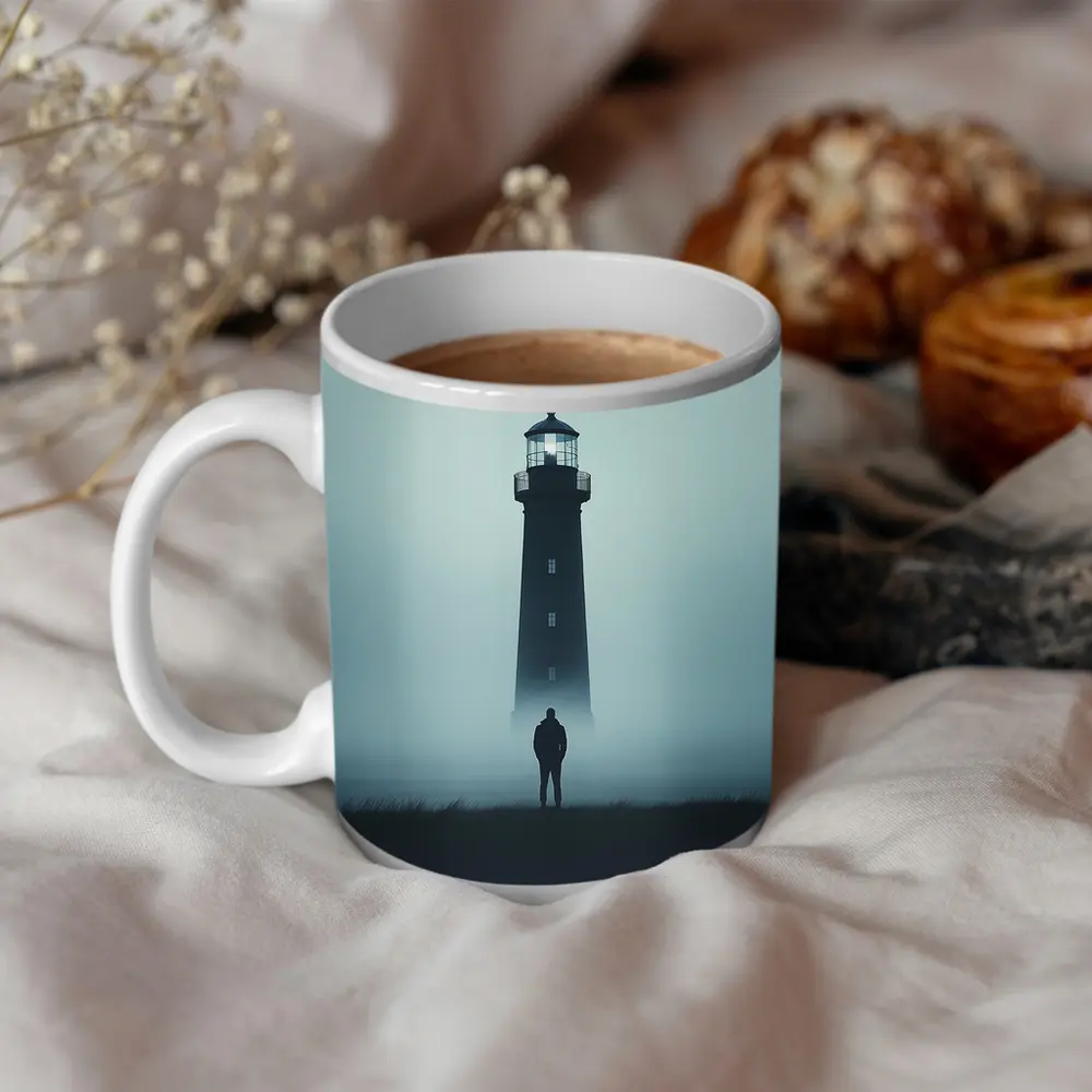 Lone Figure Standing Before Foggy Lighthouse – Mugs