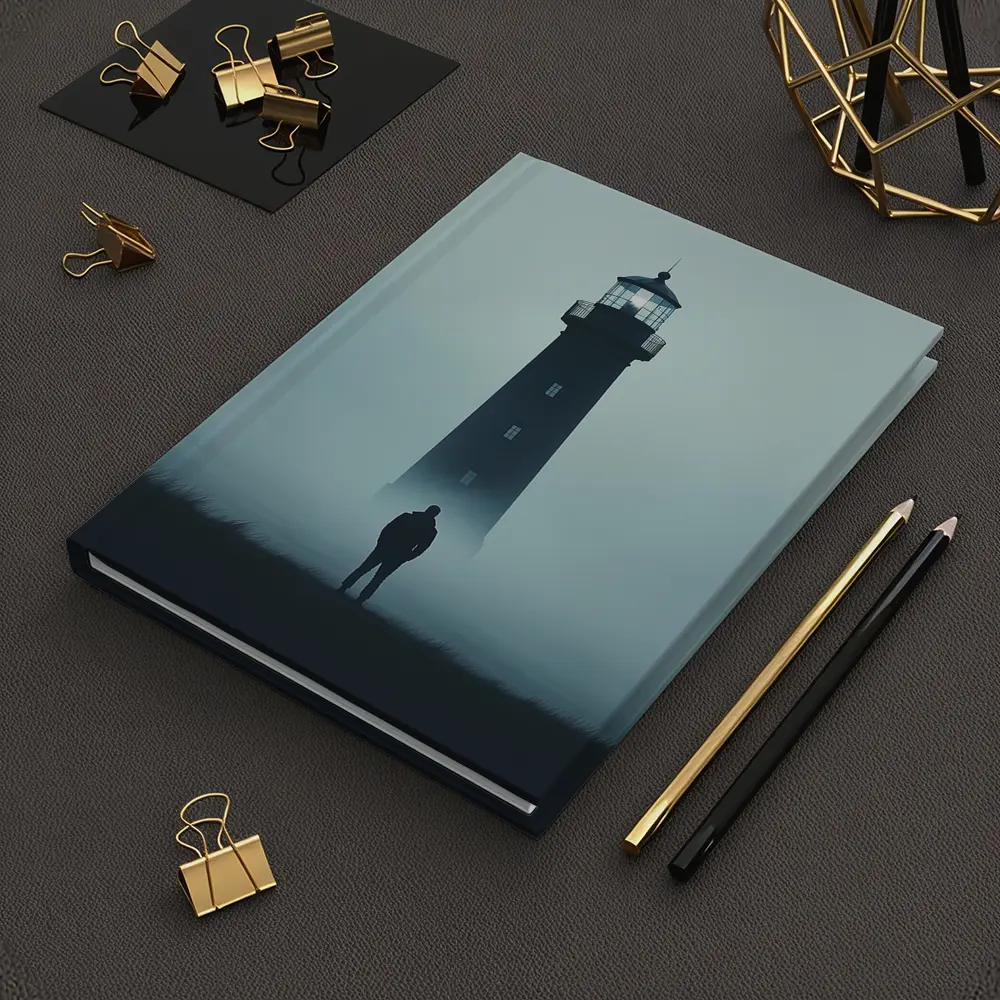 Lone Figure Standing Before Foggy Lighthouse – Notebooks