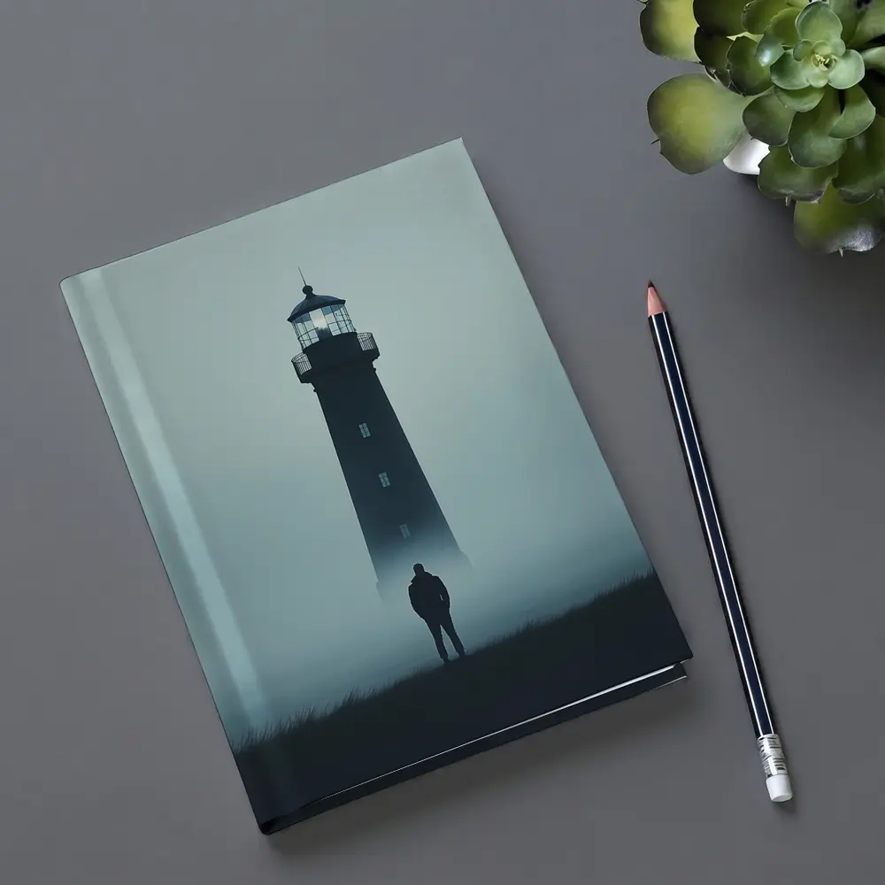 Lone Figure Standing Before Foggy Lighthouse – Notebooks