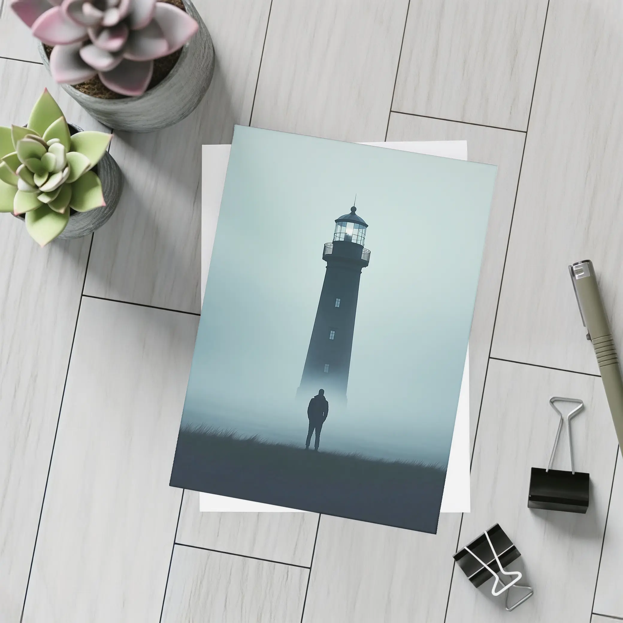 Lone Figure Standing Before Foggy Lighthouse – Postcards