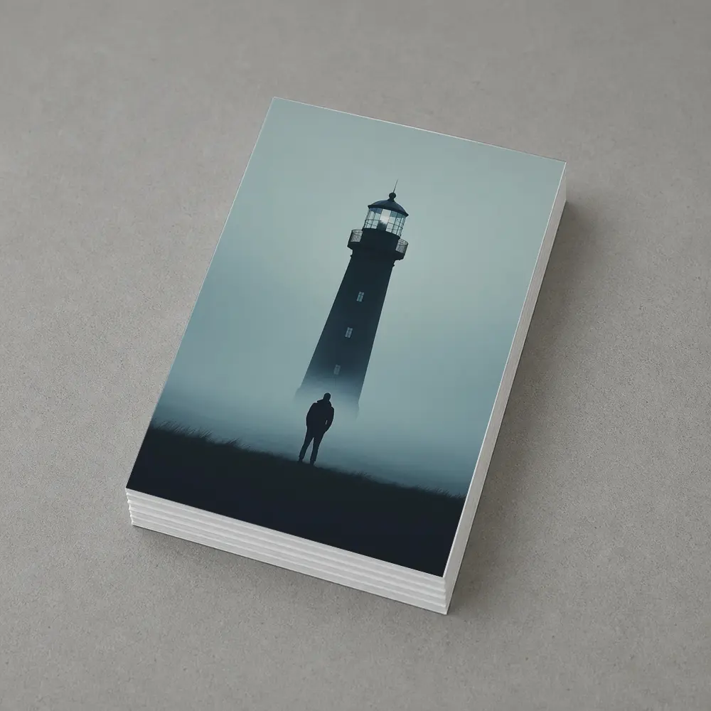 Lone Figure Standing Before Foggy Lighthouse – Postcards