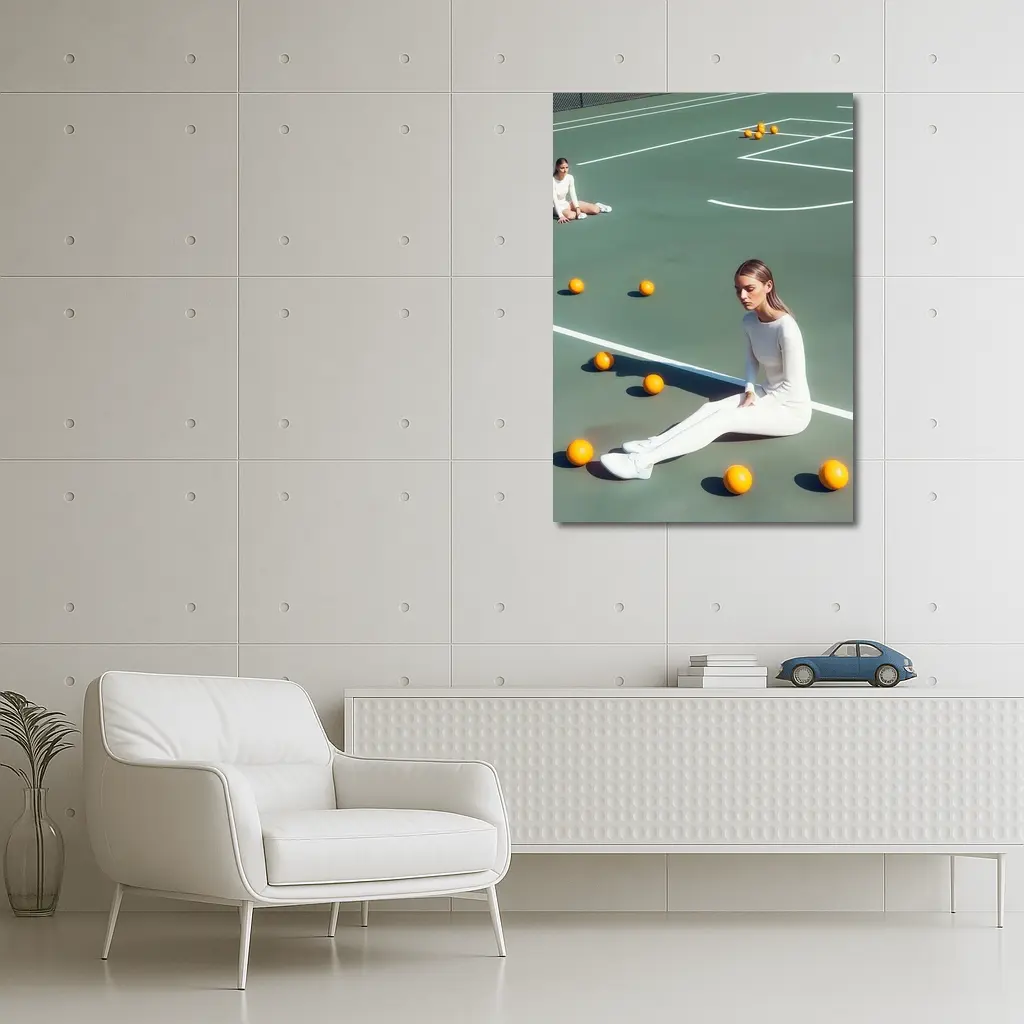 Woman Sitting On Green Tennis Court – Wall Art