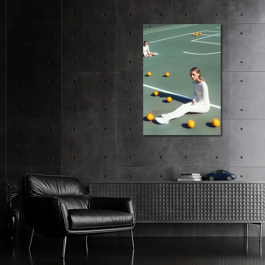 Woman Sitting On Green Tennis Court – Wall Art