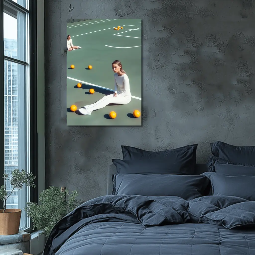 Woman Sitting On Green Tennis Court – Wall Art