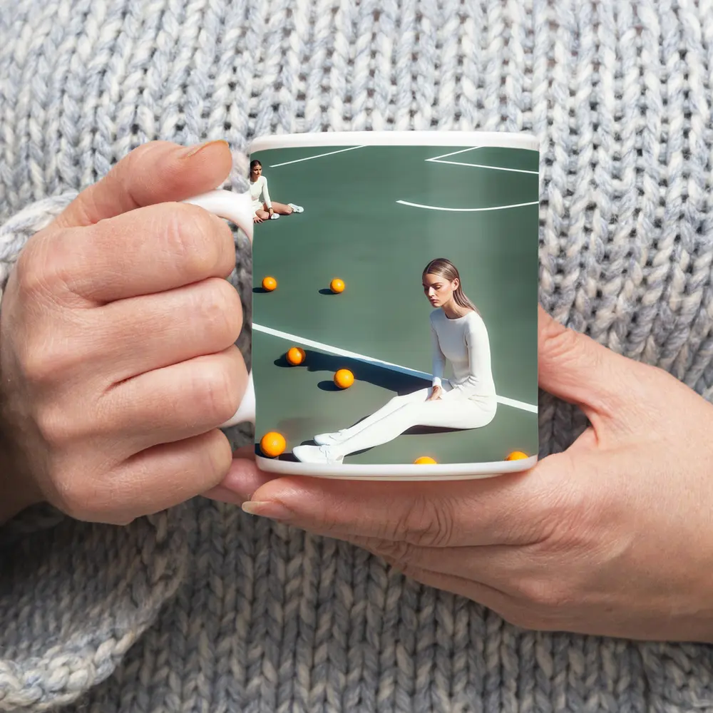 Woman Sitting On Green Tennis Court – Mugs