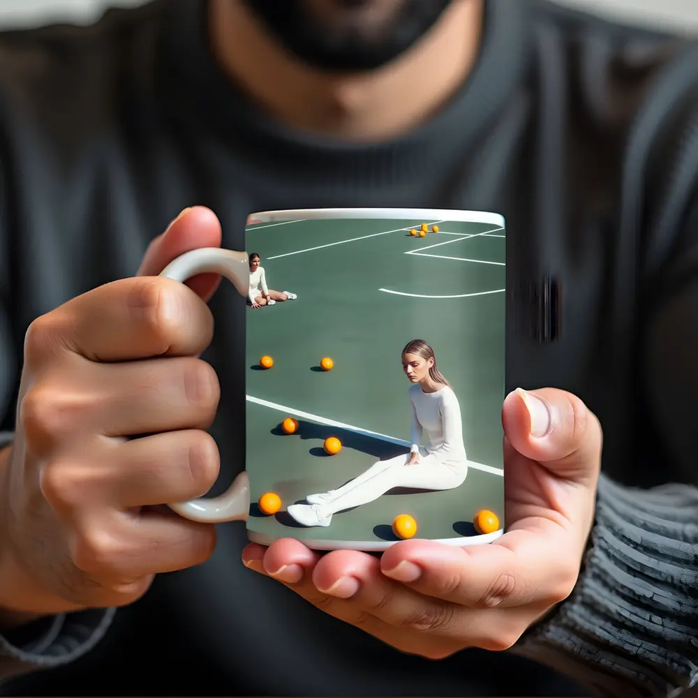 Woman Sitting On Green Tennis Court – Mugs