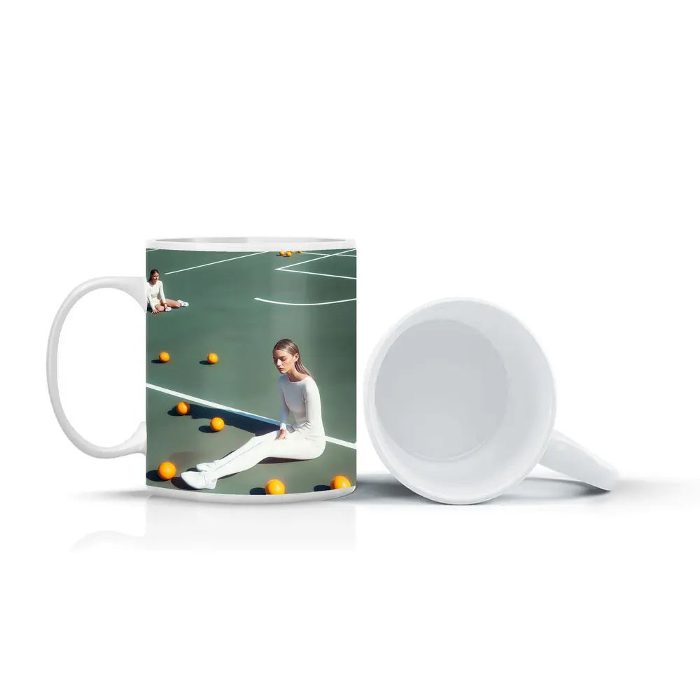 Woman Sitting On Green Tennis Court – Mugs