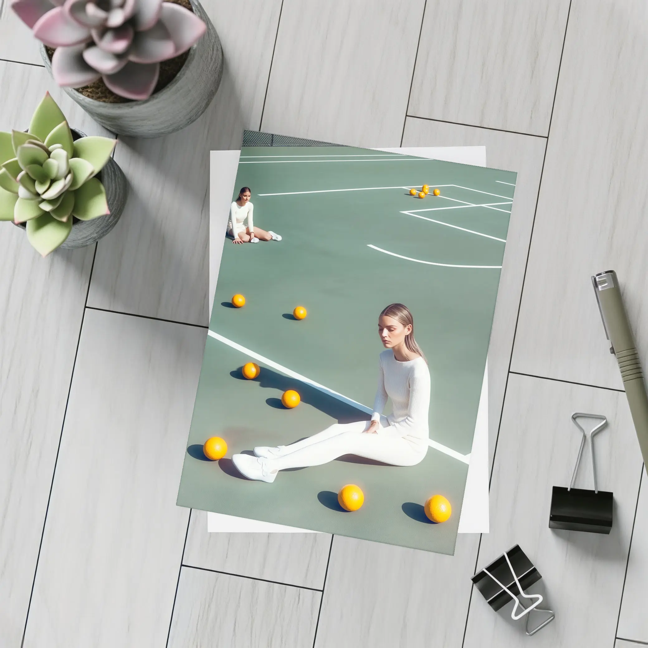 Woman Sitting On Green Tennis Court – Postcards