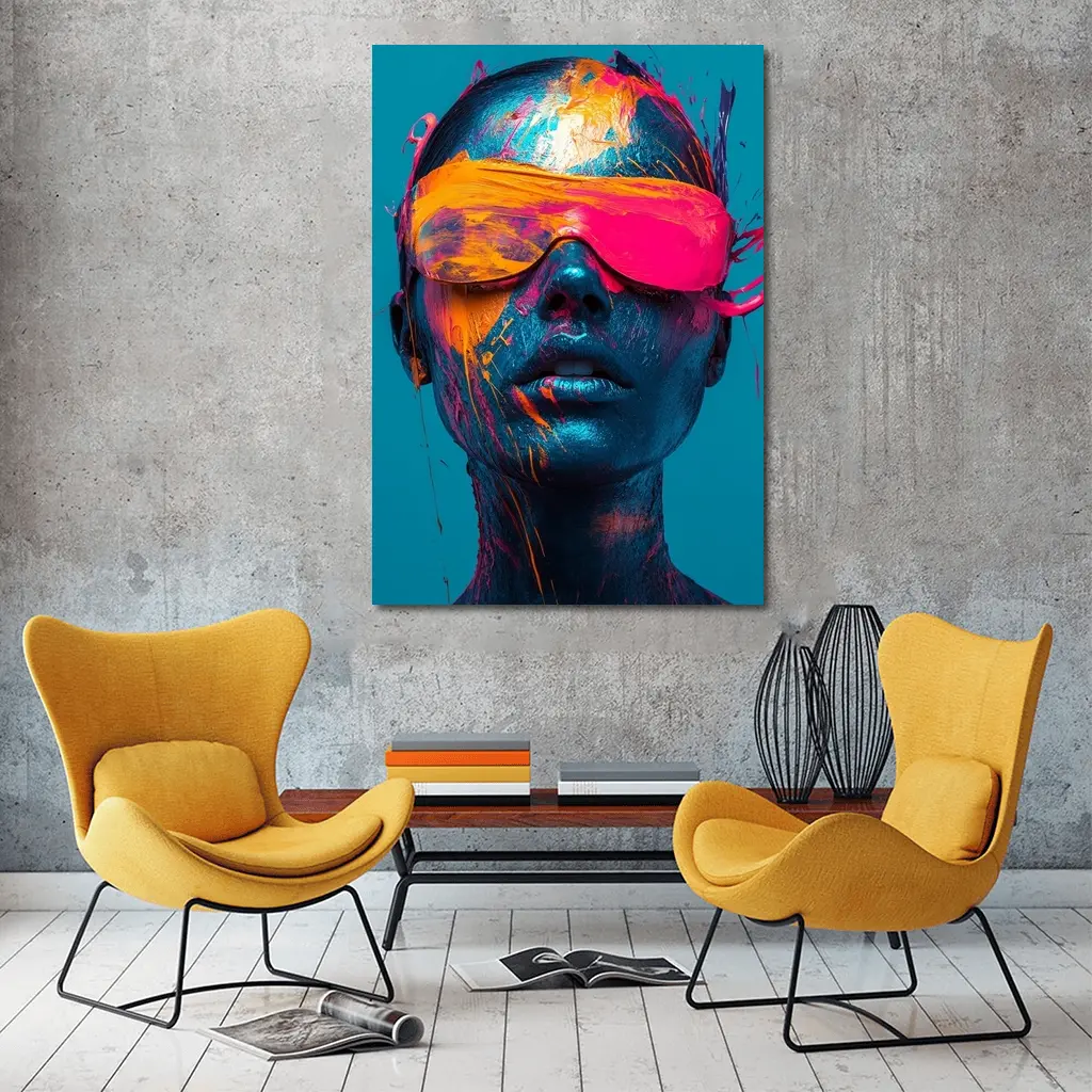 Neon Paint Splatter Woman VR Teal – Wall Art