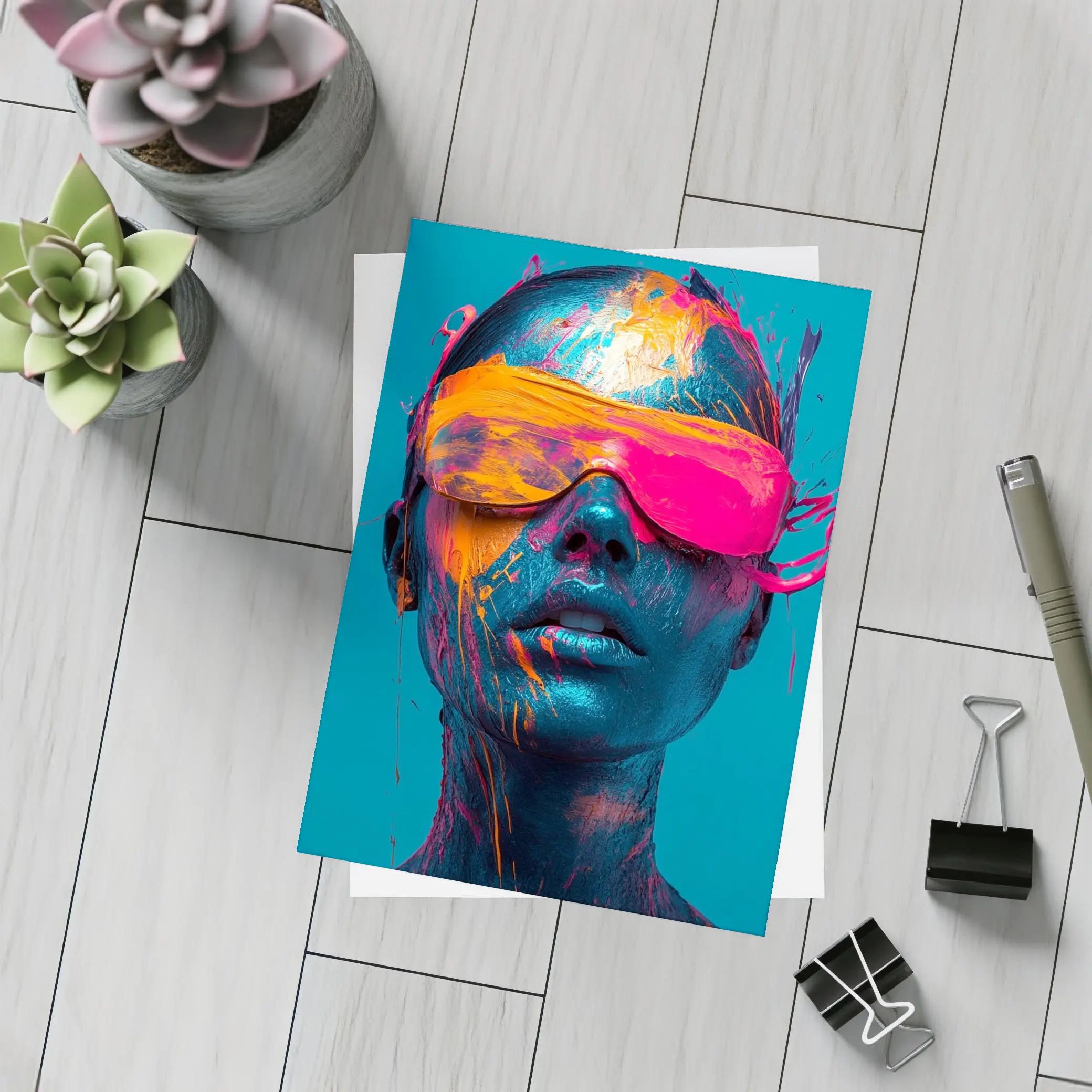Neon Paint Splatter Woman VR Teal – Postcards