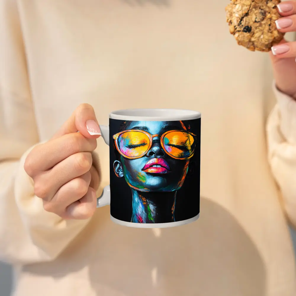 Colorful Woman Portrait With Orange Sunglasses – Mugs