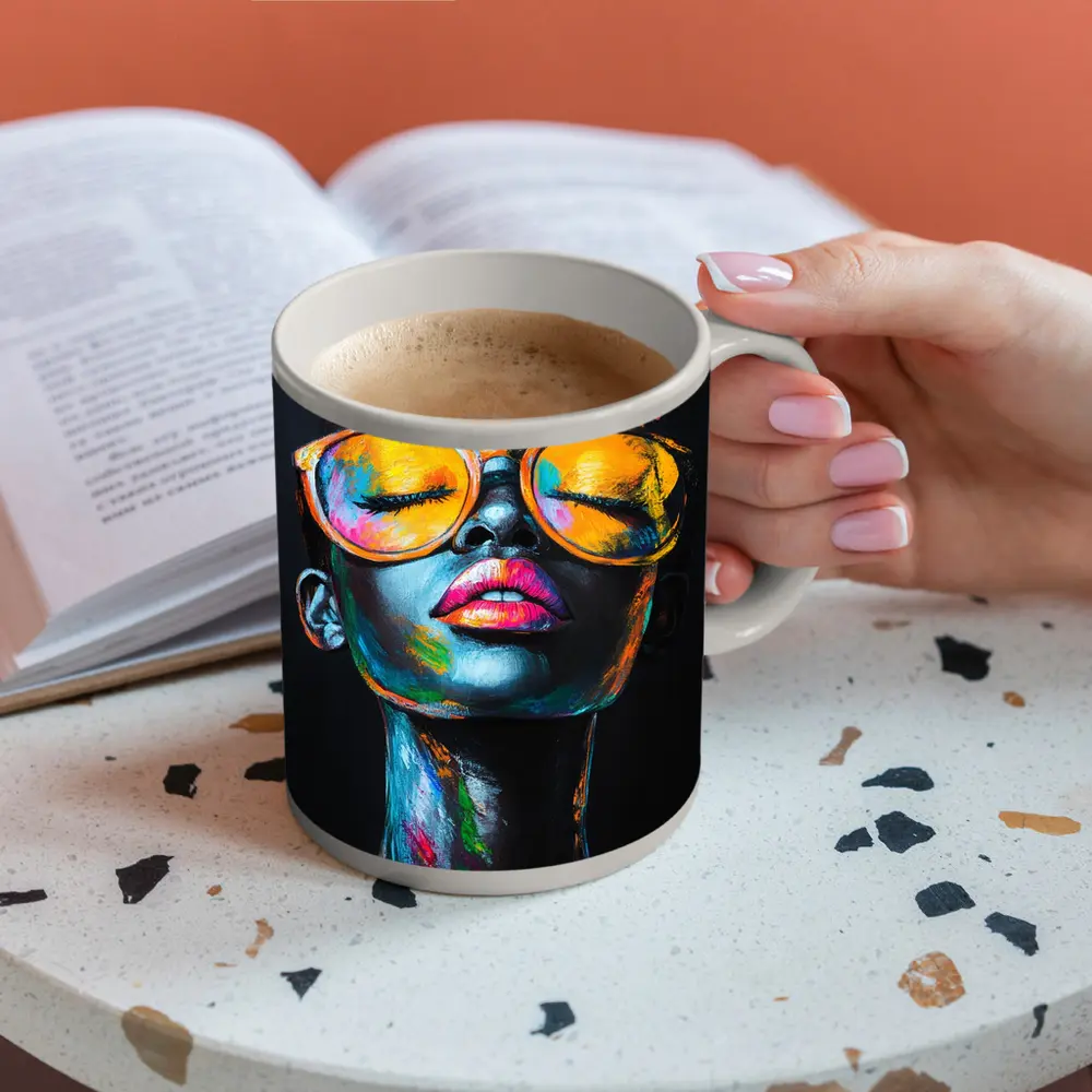 Colorful Woman Portrait With Orange Sunglasses – Mugs