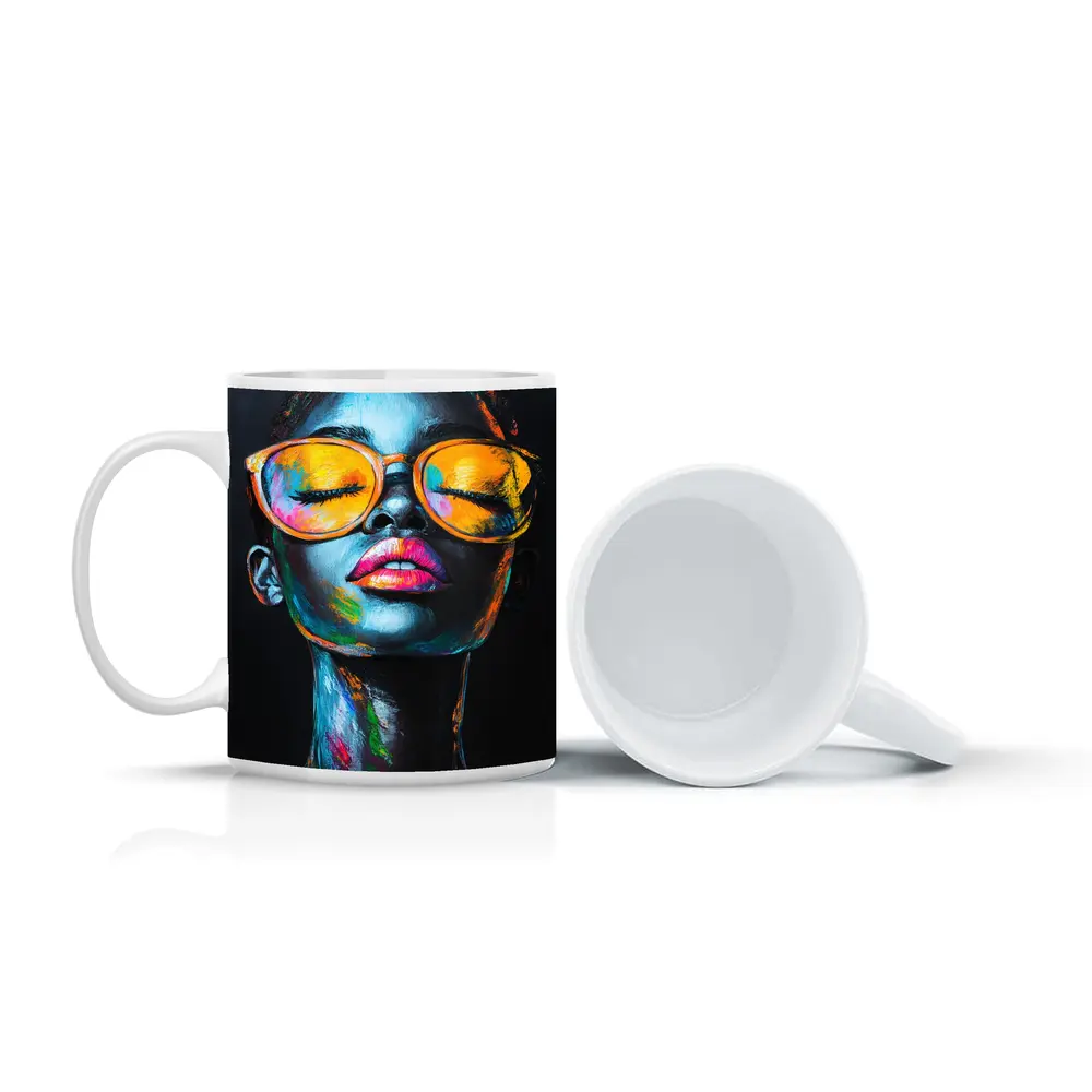 Colorful Woman Portrait With Orange Sunglasses – Mugs