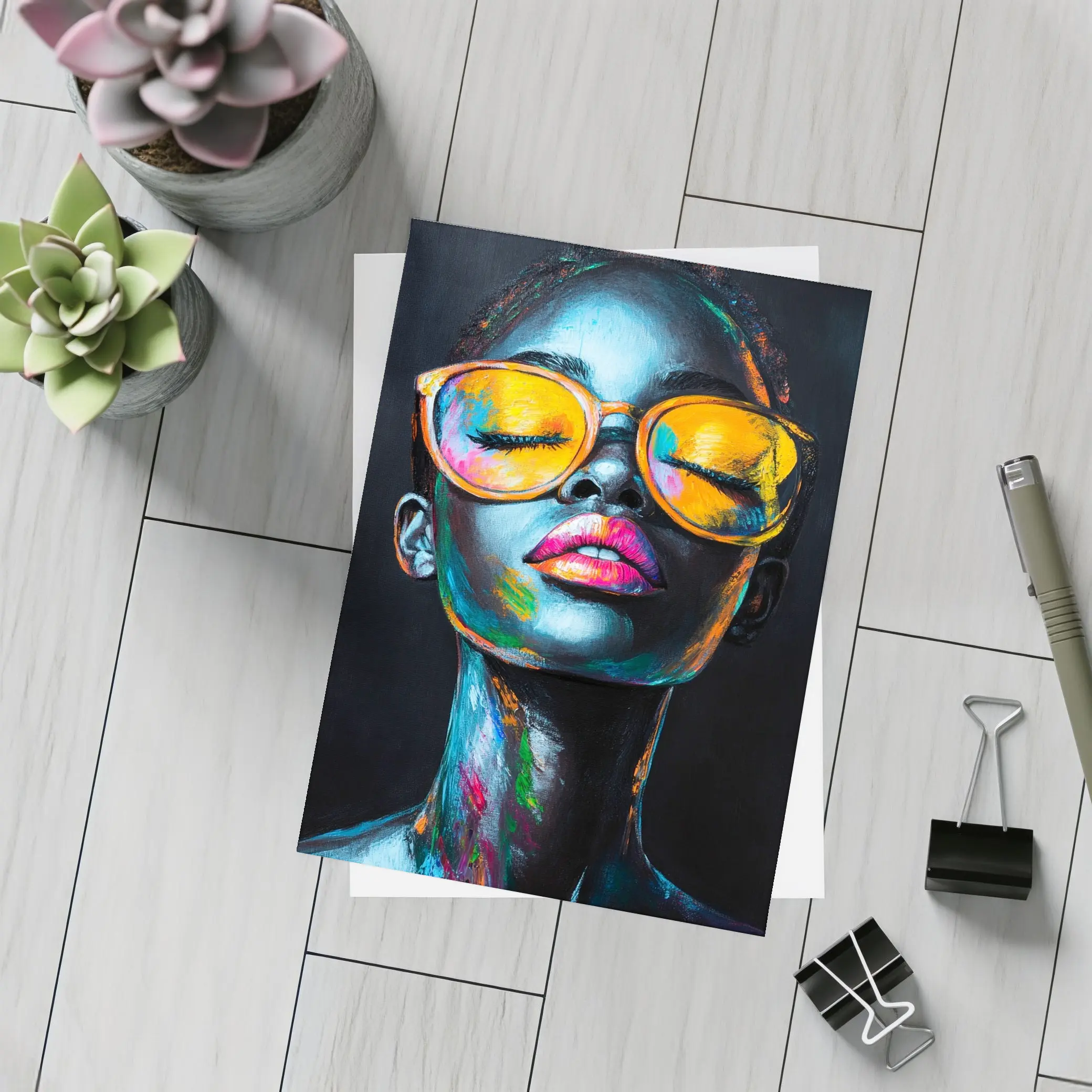 Colorful Woman Portrait With Orange Sunglasses – Postcards