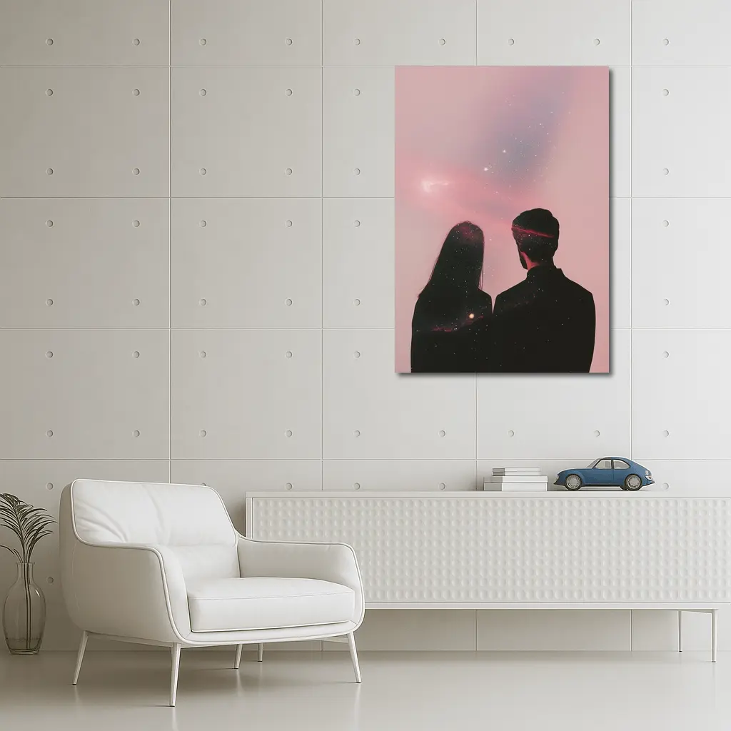 Couple Silhouette Under Pink Cosmic Sky – Wall Art