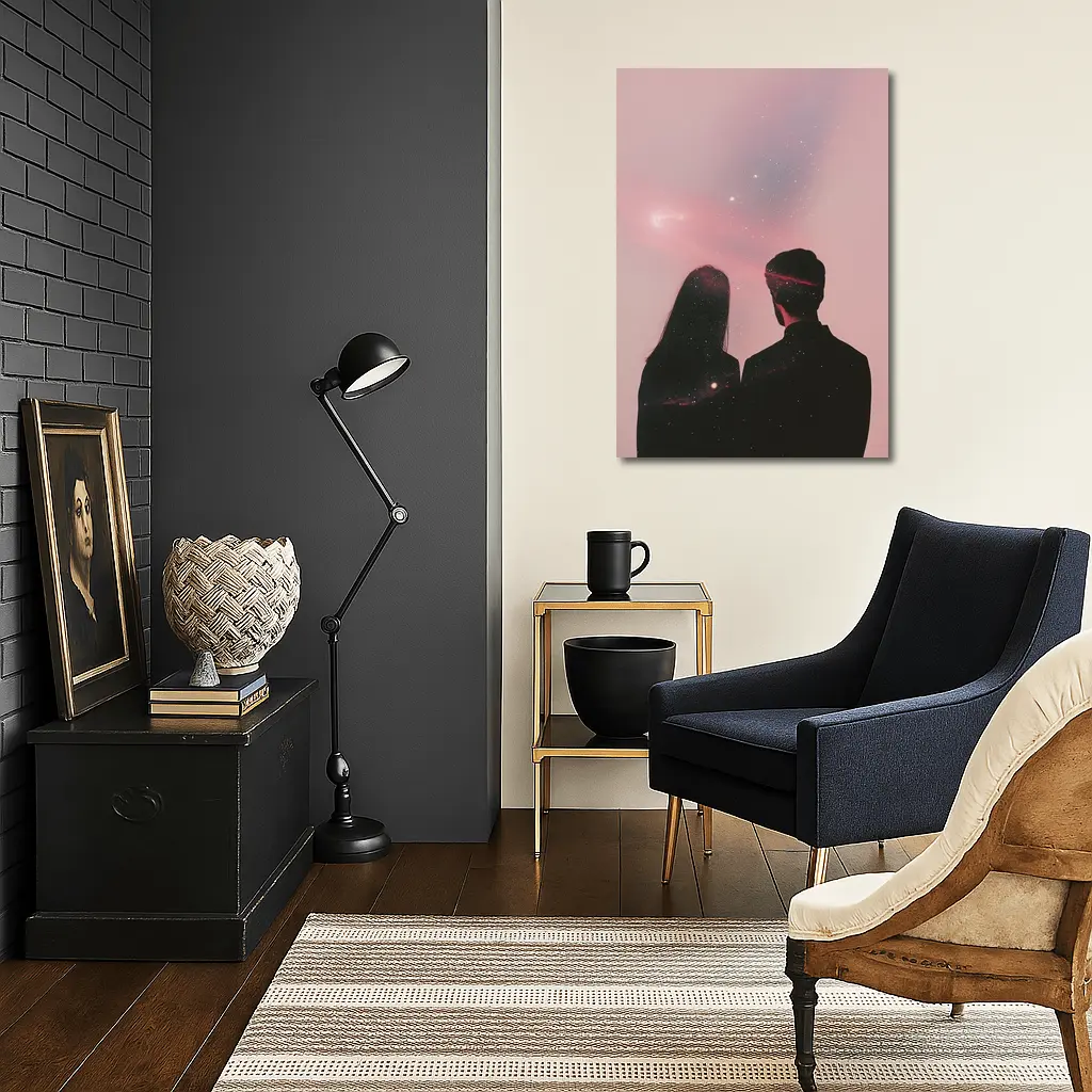 Couple Silhouette Under Pink Cosmic Sky – Wall Art