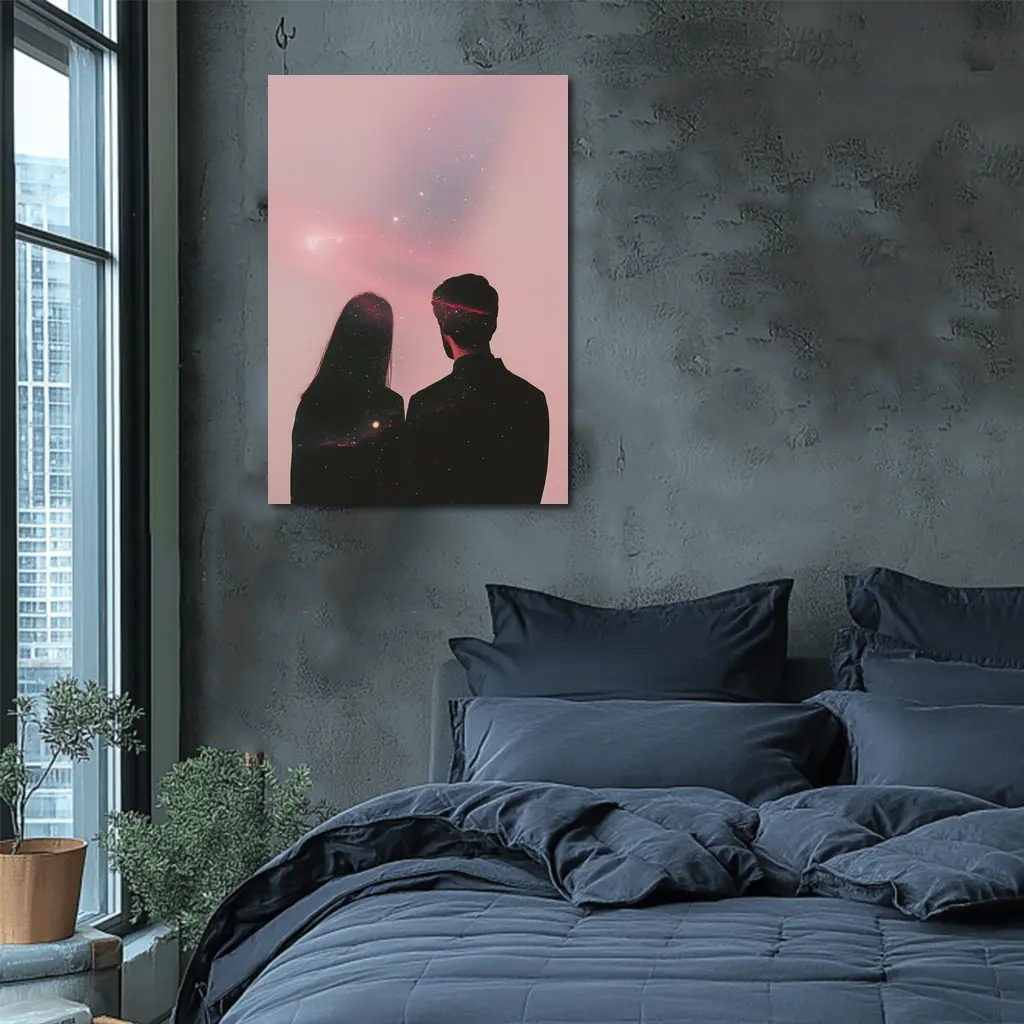 Couple Silhouette Under Pink Cosmic Sky – Wall Art