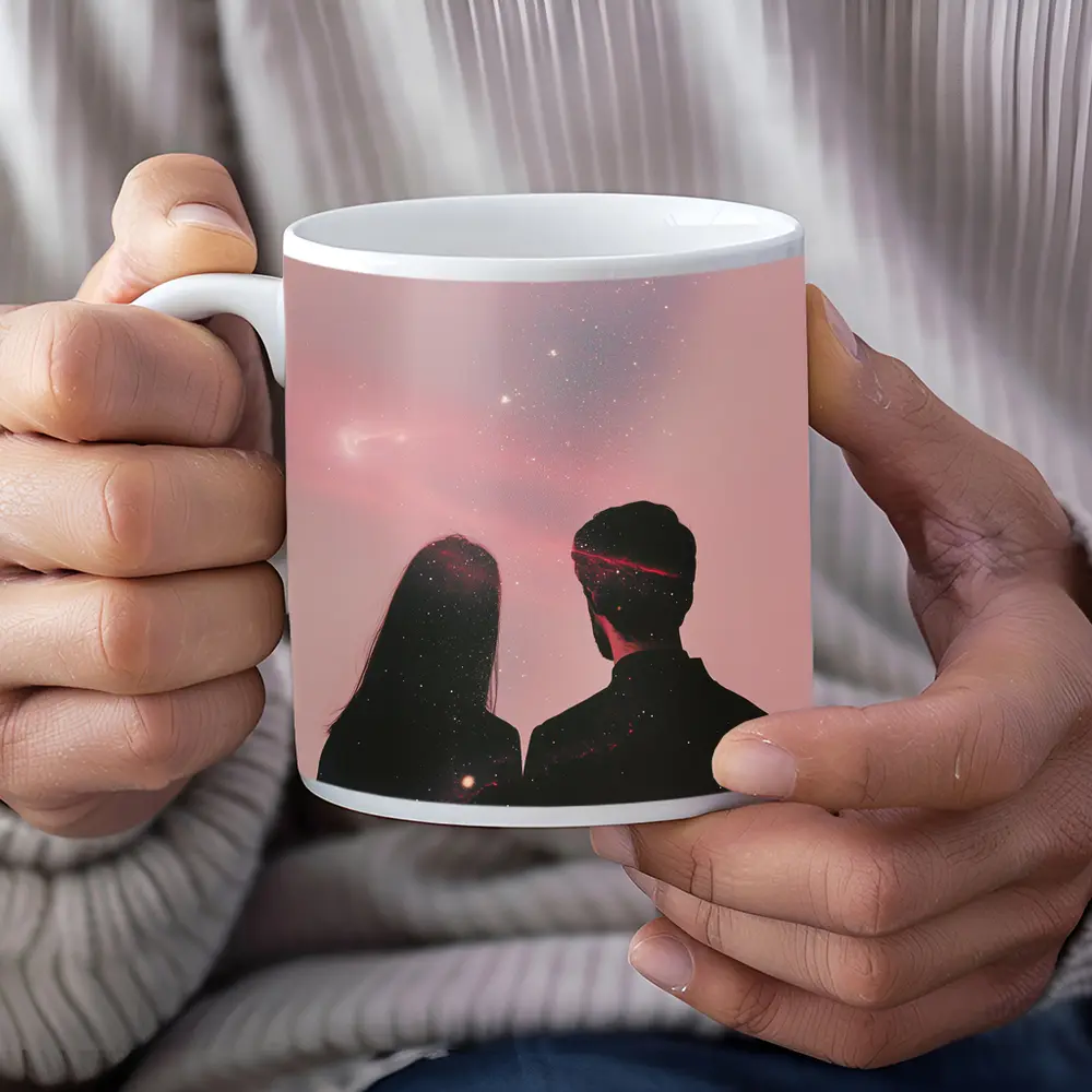 Couple Silhouette Under Pink Cosmic Sky – Mugs