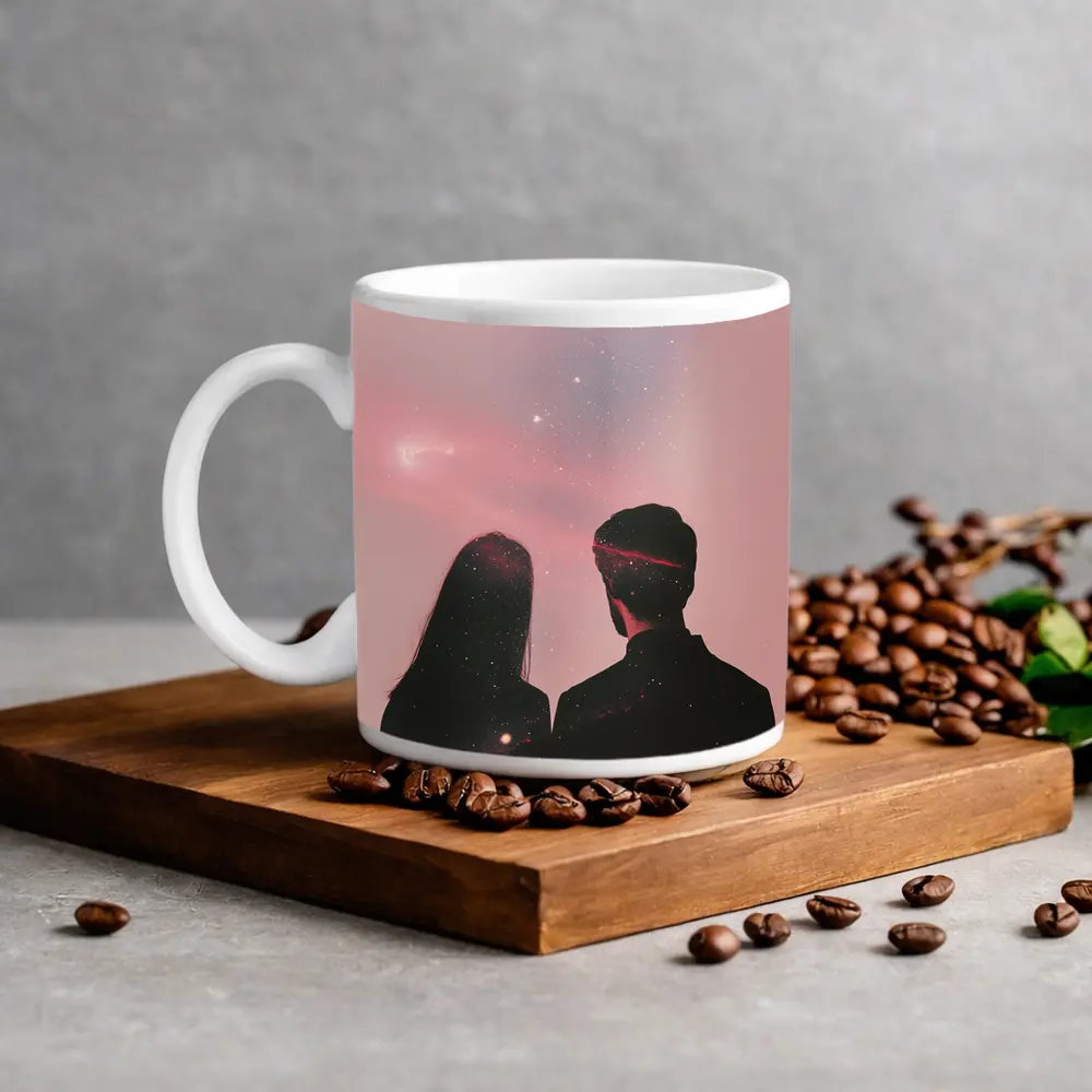 Couple Silhouette Under Pink Cosmic Sky – Mugs