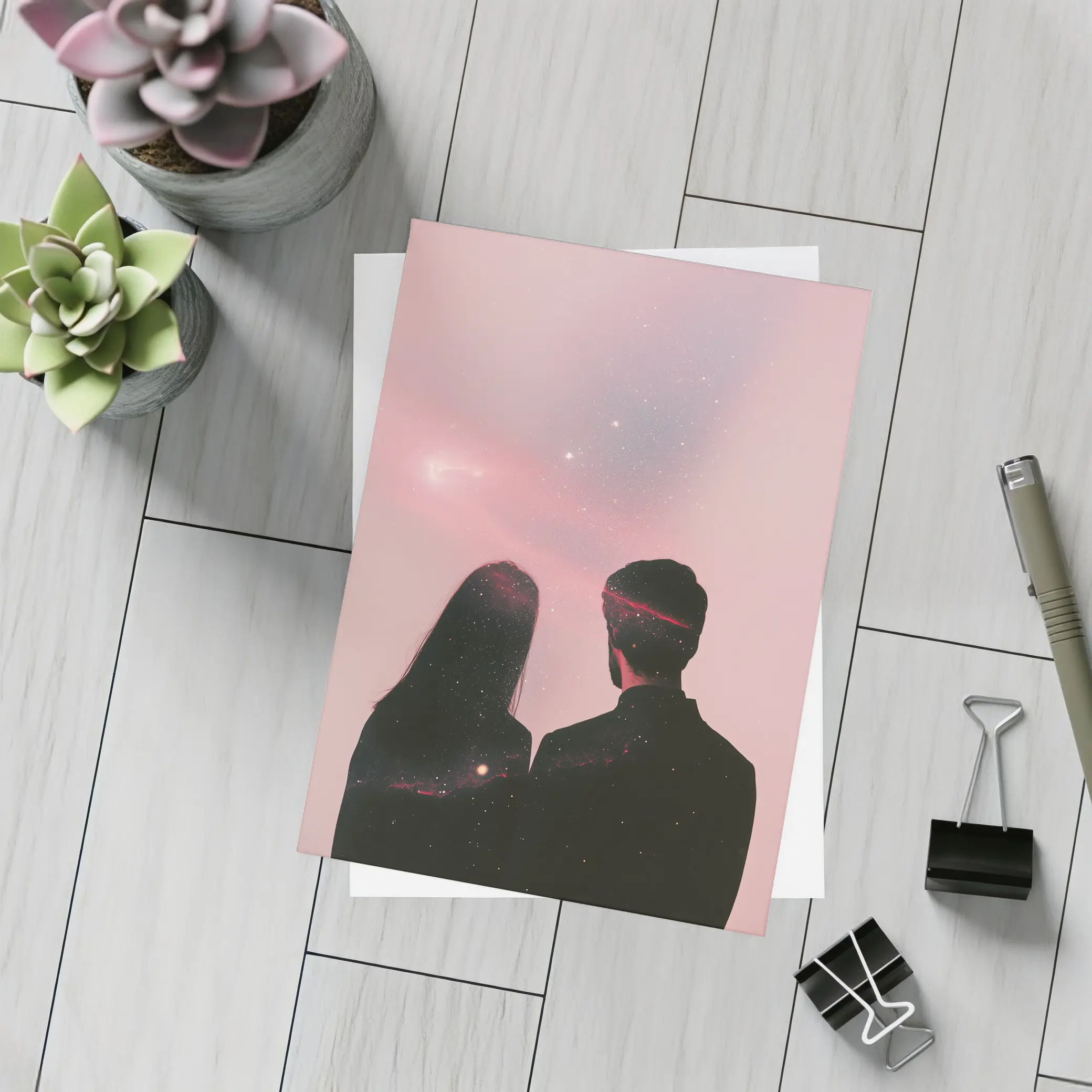 Couple Silhouette Under Pink Cosmic Sky – Postcards