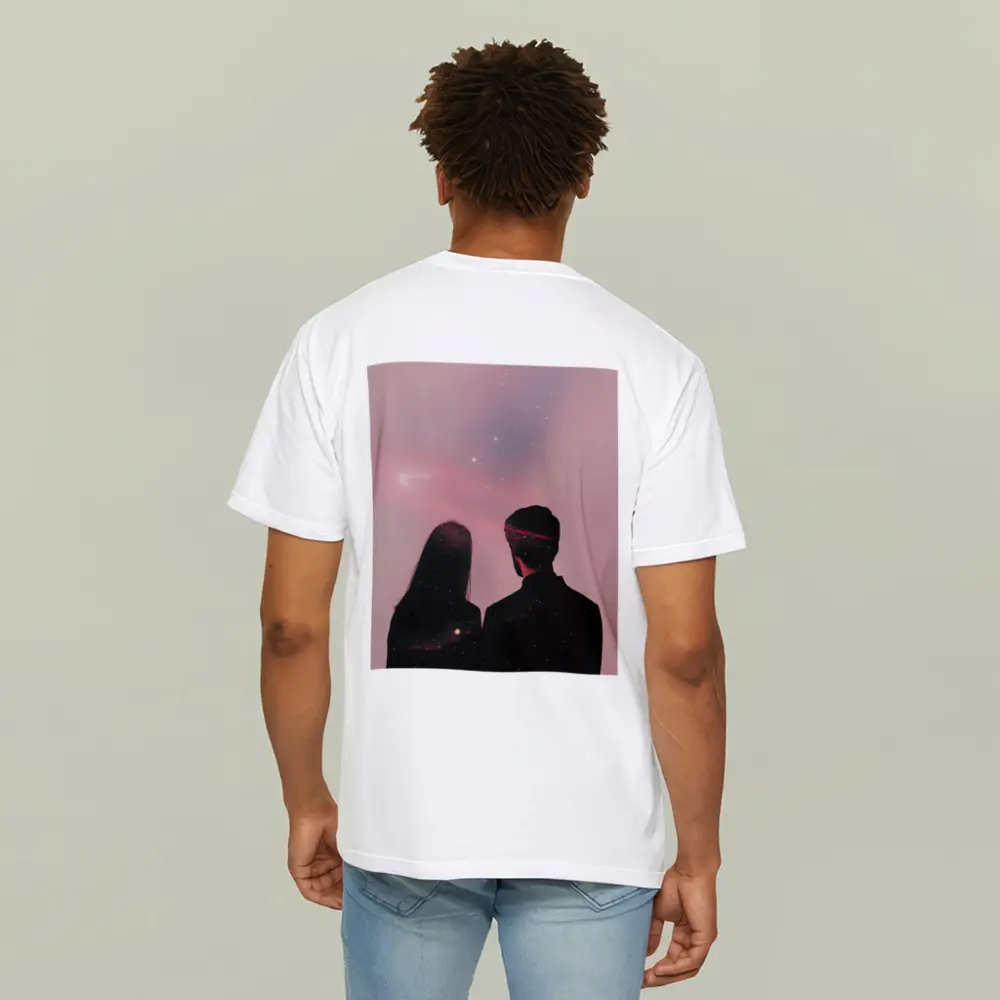 Couple Silhouette Under Pink Cosmic Sky – T-Shirts