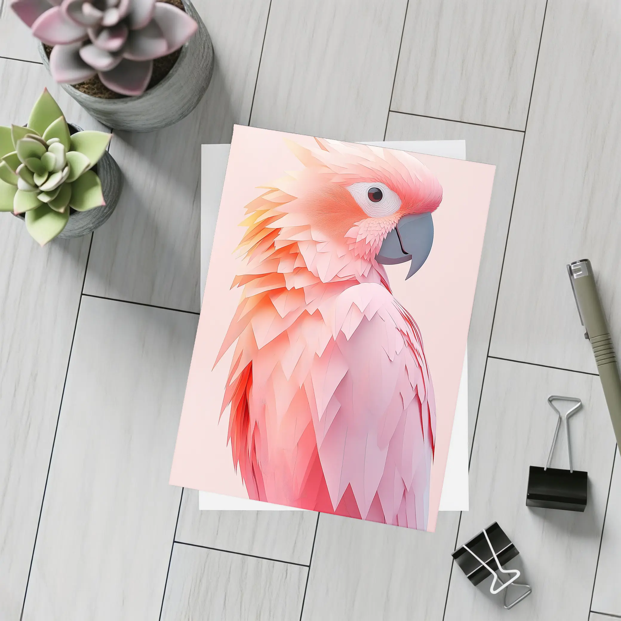 Pink Cockatoo Parrot Paper Art Portrait – Postcards