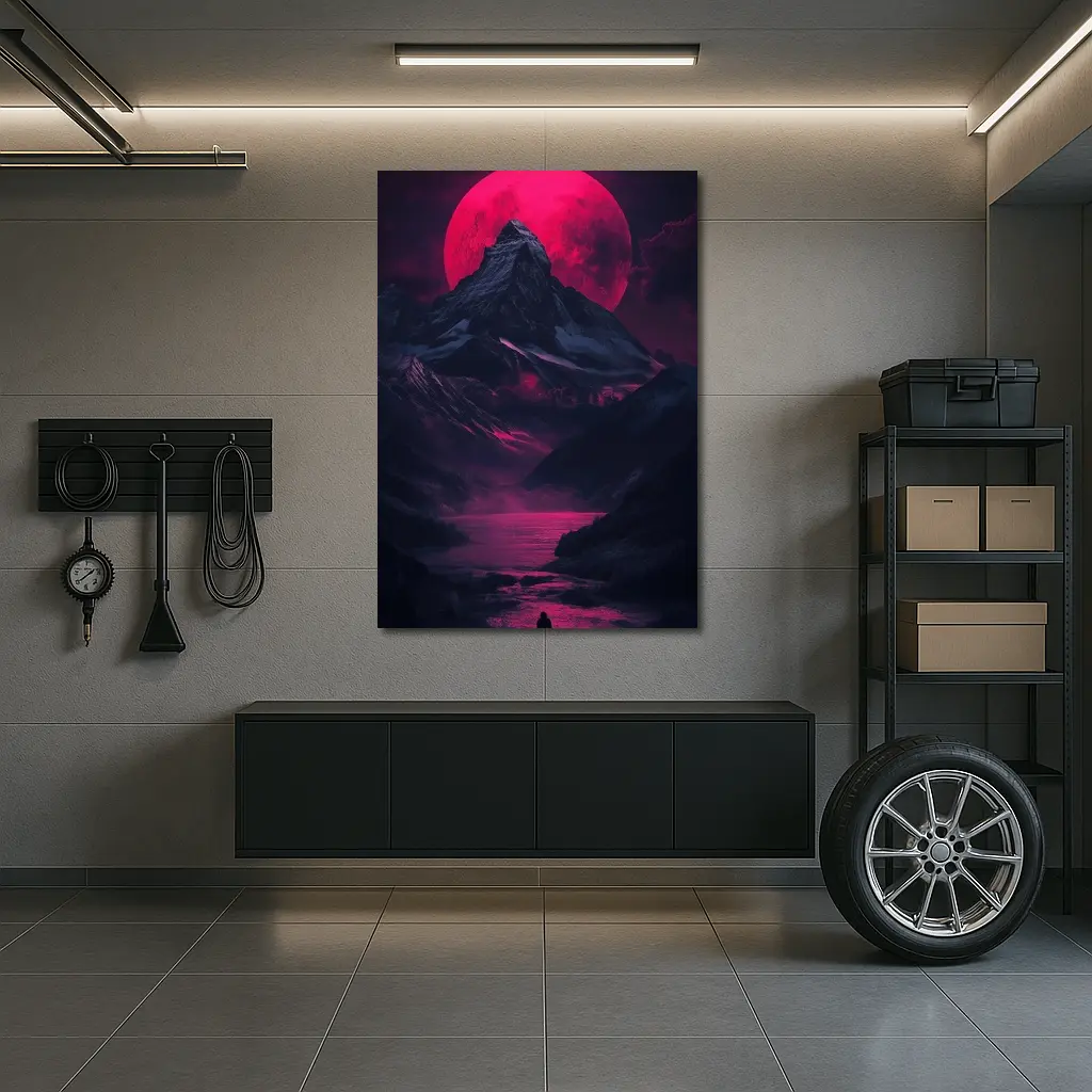 Lone Figure Red Moon Dark Mountain Landscape – Wall Art